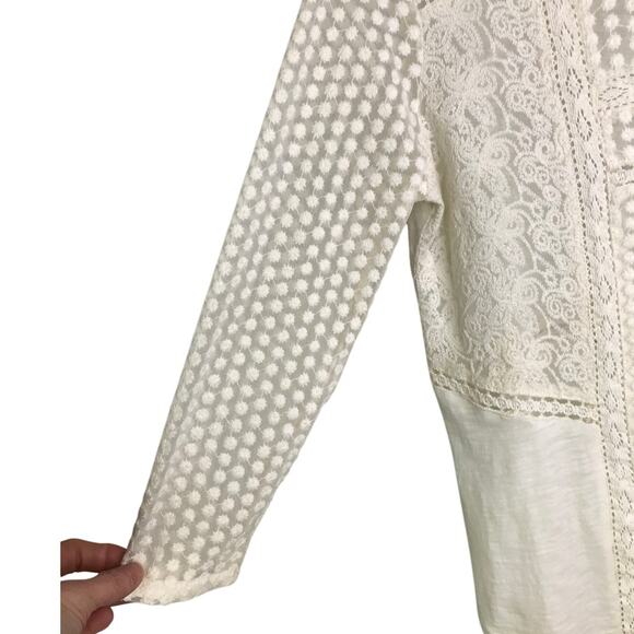 Lucky Brand Top Womens Size Small White Boat Neck Elbow Length Sleeve Lace Front - Picture 6 of 6
